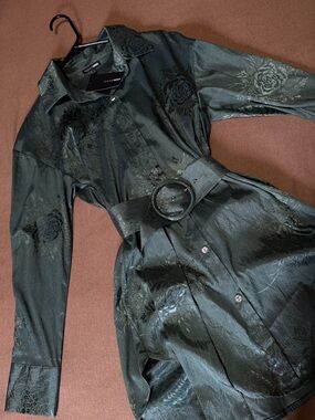 Fashion Nova Green Floral Jacquard Long Sleeve Shirt Dress with Belt